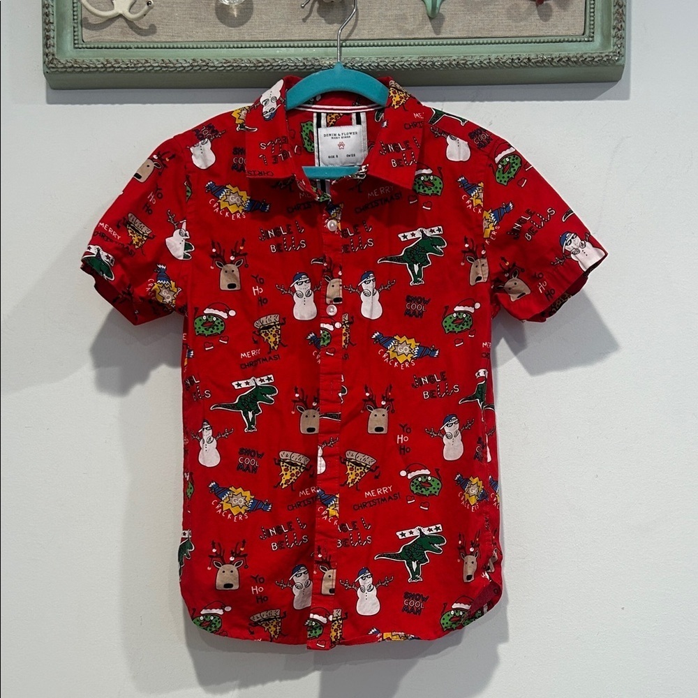 Denim & Flower Kids Red winter holiday Button Down Shirt size 8